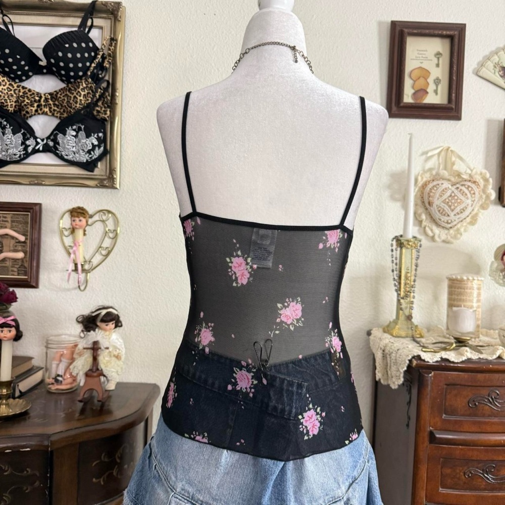 Y2k 2002 dainty coquette girly grunge sheer black mesh pink floral cami top - Picture 4 of 5